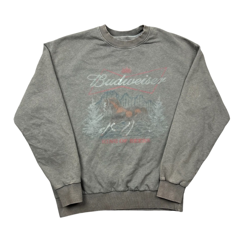 Budweiser Crewneck Sweatshirt Men Small Gray Faded Graphic Print King Of Beers